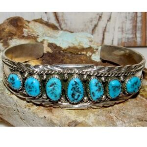 Navajo Kingman Turquoise Cluster Cuff Bracelet A.Chapo Sterling Silver